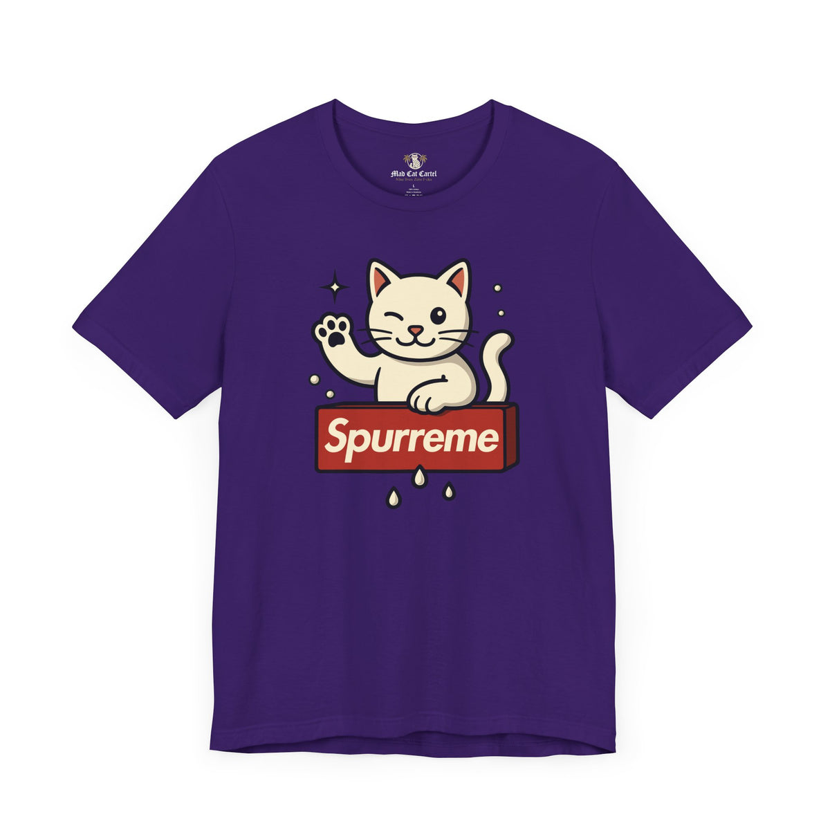Spurreme Lucky Cat Box Logo Graphic T-Shirt in team purple, flat lay