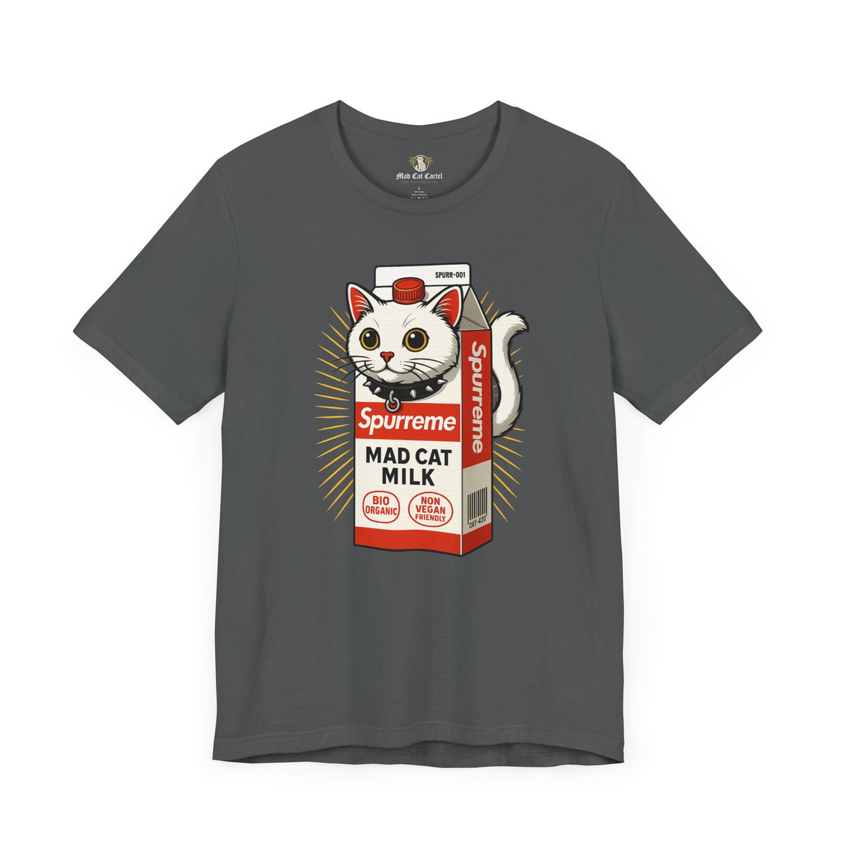 Spurreme Mad Cat Organic Milk Funny T-Shirt in asphalt, front view