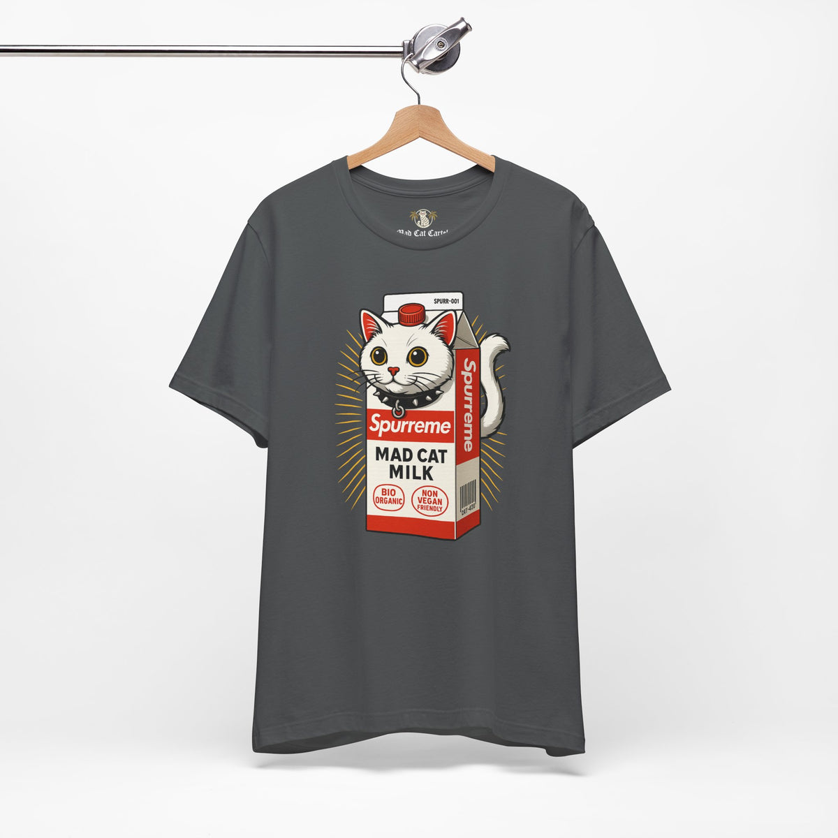 Spurreme Mad Cat Organic Milk Funny T-Shirt in asphalt, on a hanger