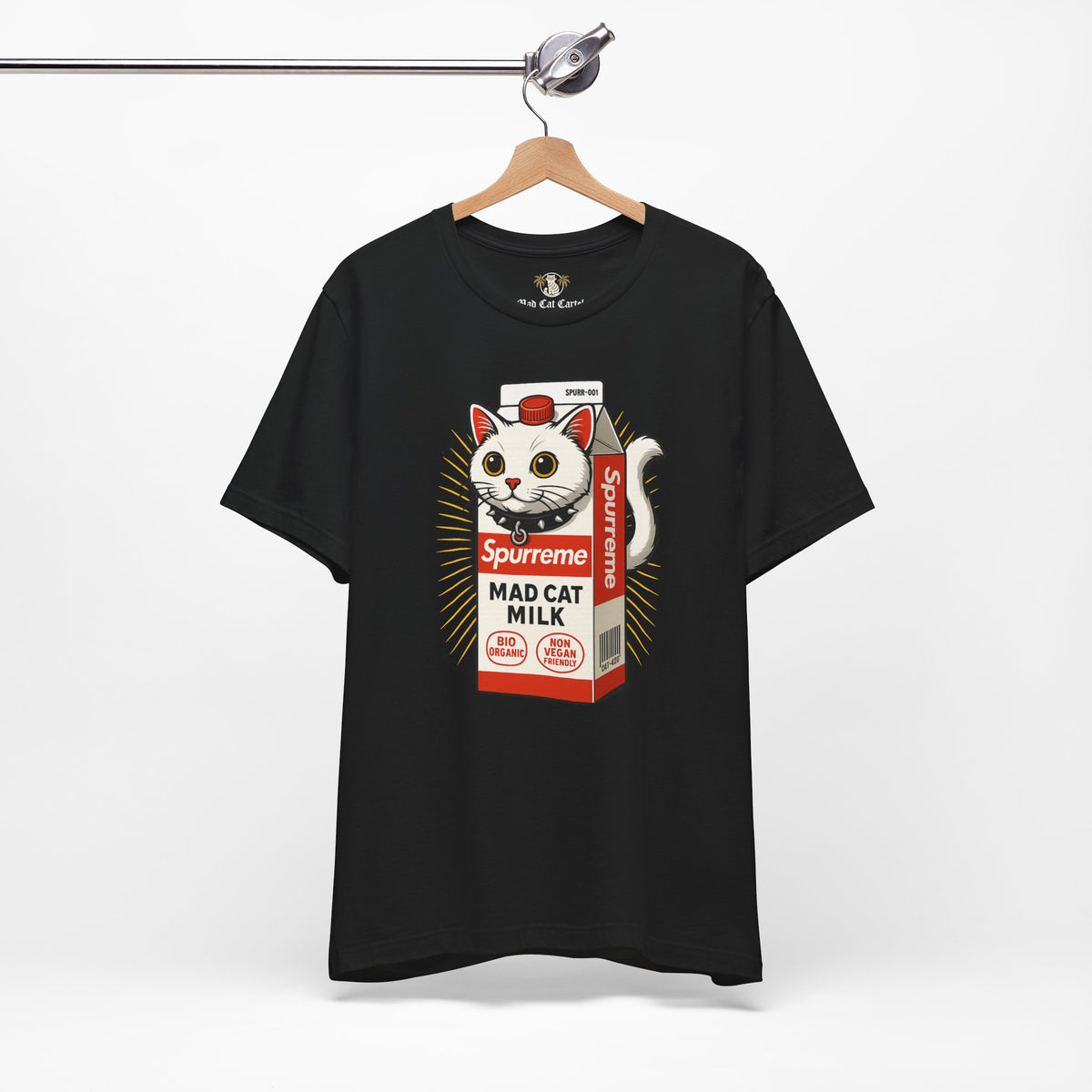 Spurreme Mad Cat Organic Milk Funny T-Shirt in black, on a hanger