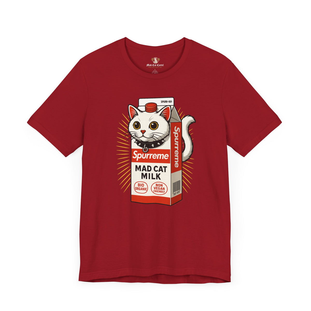Spurreme Mad Cat Organic Milk Funny T-Shirt in canvas red, front view
