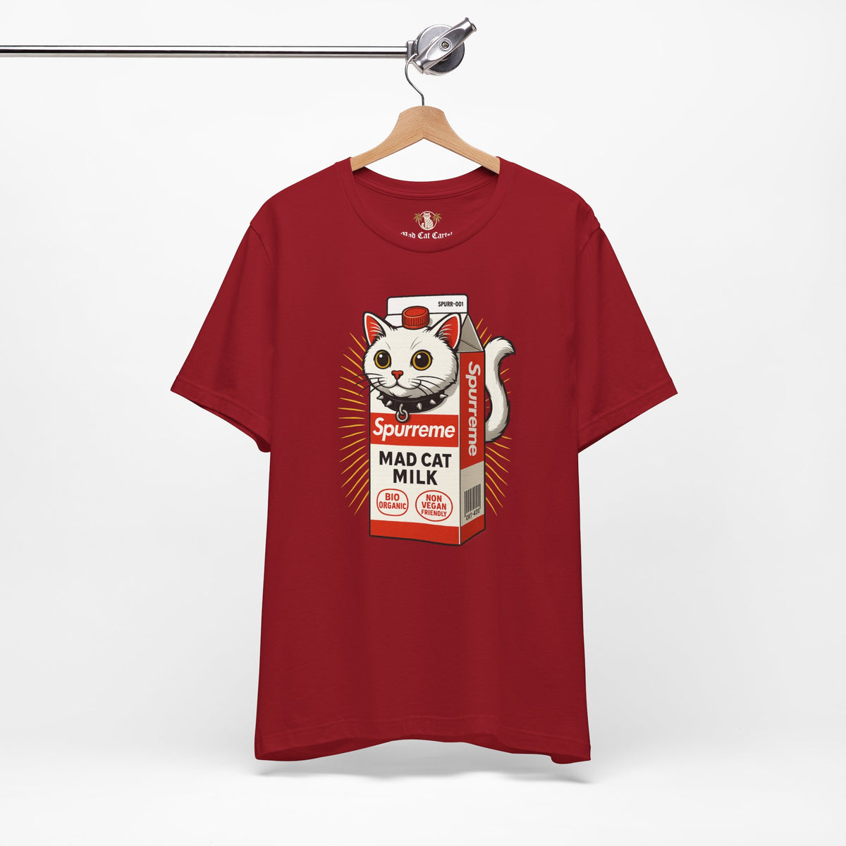 Spurreme Mad Cat Organic Milk Funny T-Shirt in canvas red, on a hanger