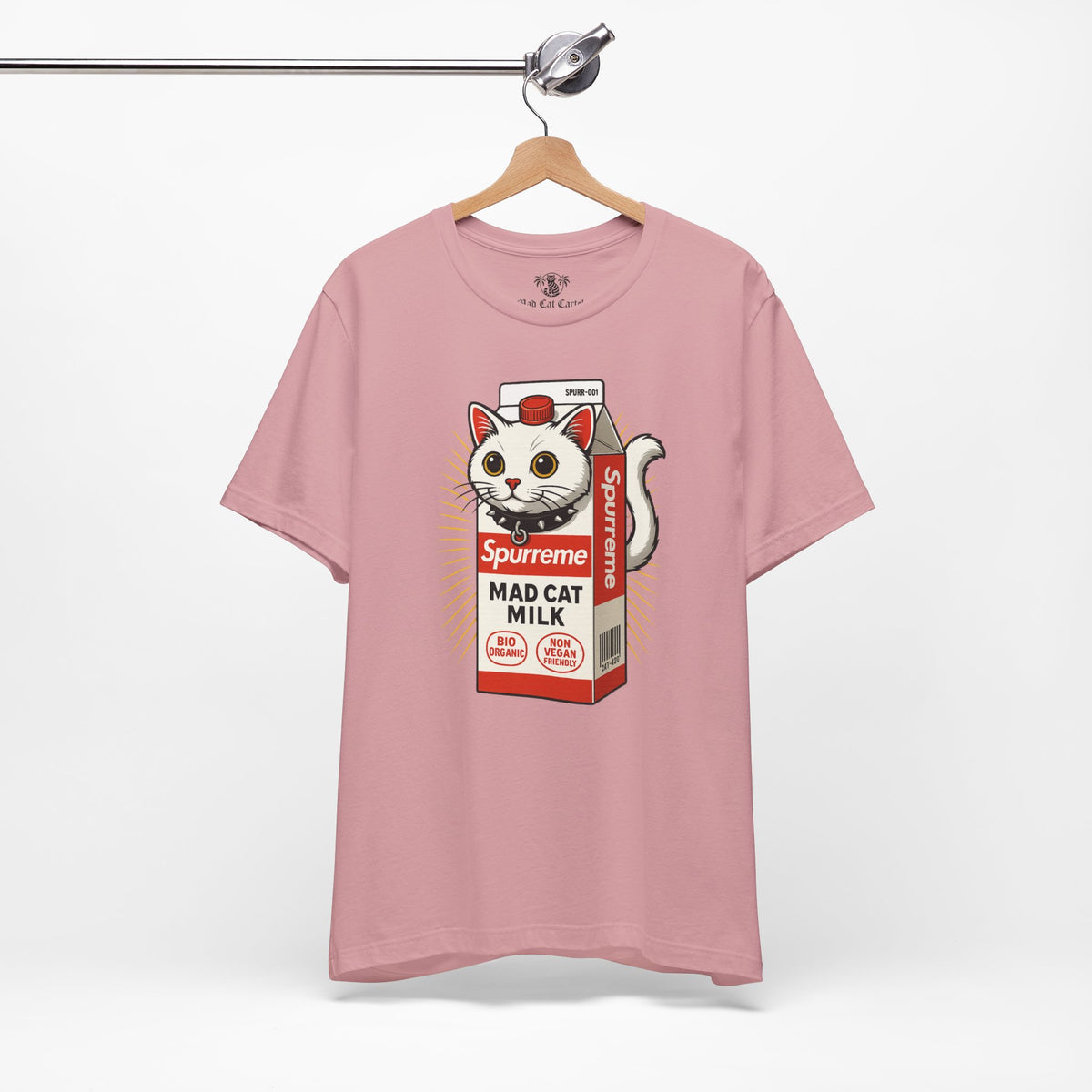 Spurreme Mad Cat Organic Milk Funny T-Shirt in orchid, on a hanger