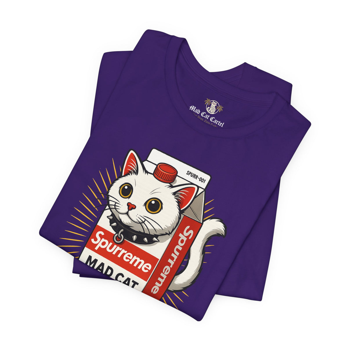 Spurreme Mad Cat Organic Milk Funny T-Shirt in team purple, folded