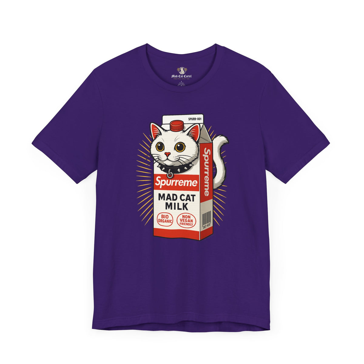 Spurreme Mad Cat Organic Milk Funny T-Shirt in team purple, front view