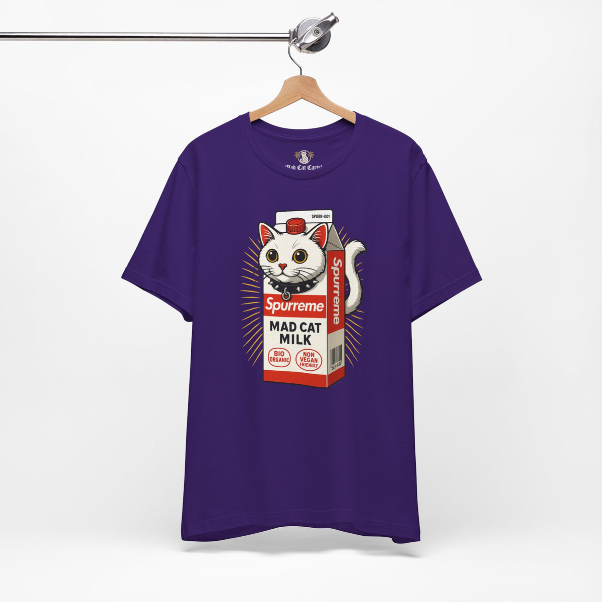 Spurreme Mad Cat Organic Milk Funny T-Shirt in team purple, on a hanger