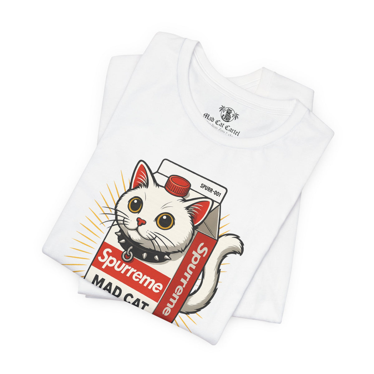 Spurreme Mad Cat Organic Milk Funny T-Shirt in white, folded