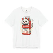 Spurreme Mad Cat Organic Milk Funny T-Shirt in white, front view
