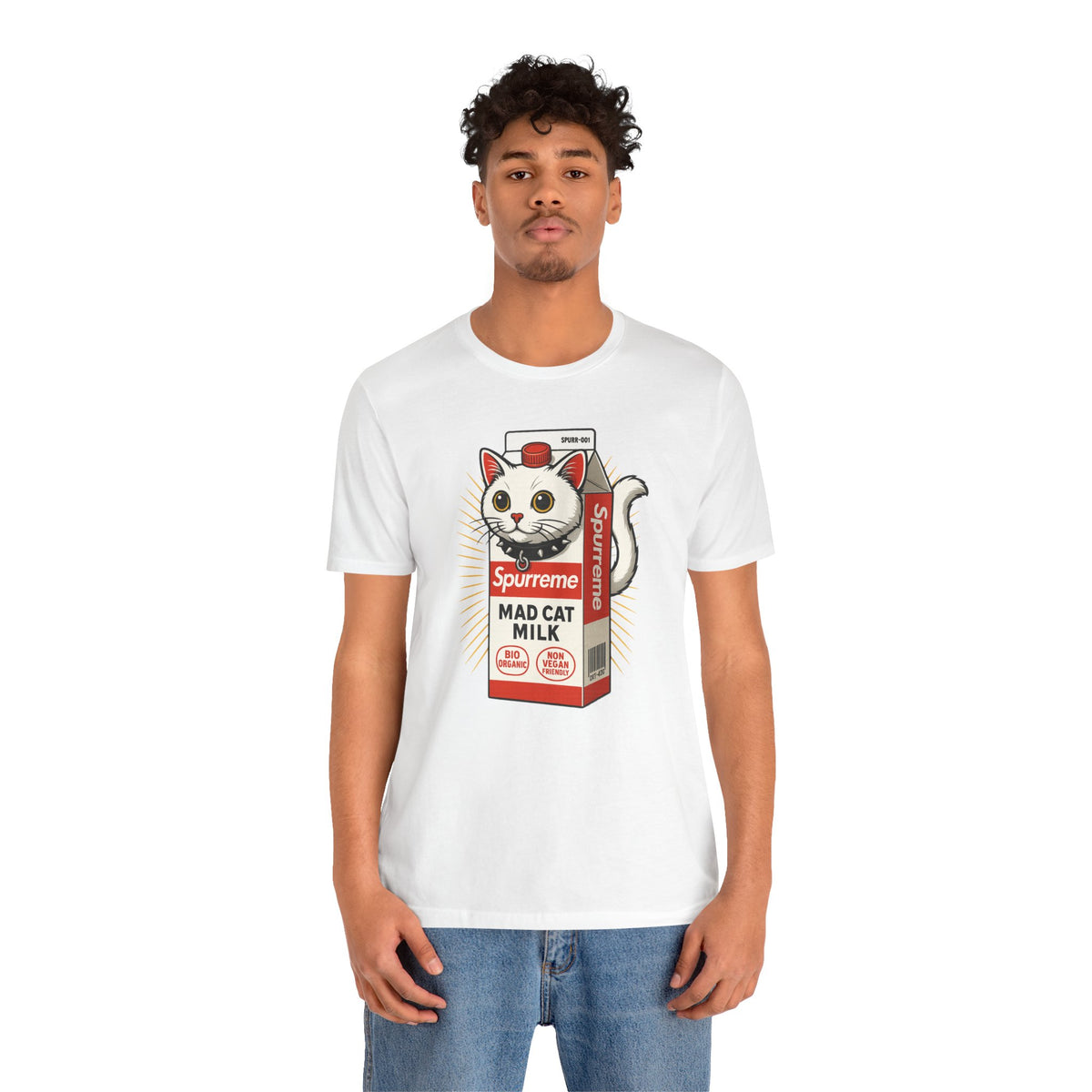 Spurreme Mad Cat Organic Milk Funny T-Shirt in white, worn by a male model