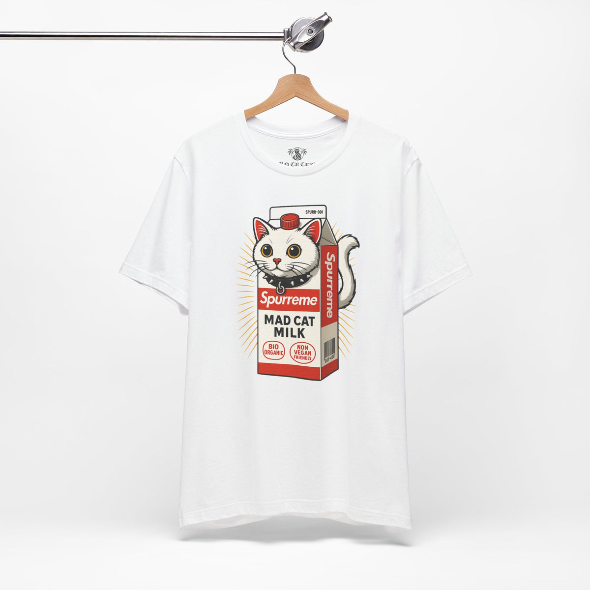 Spurreme Mad Cat Organic Milk Funny T-Shirt in white, on a hanger