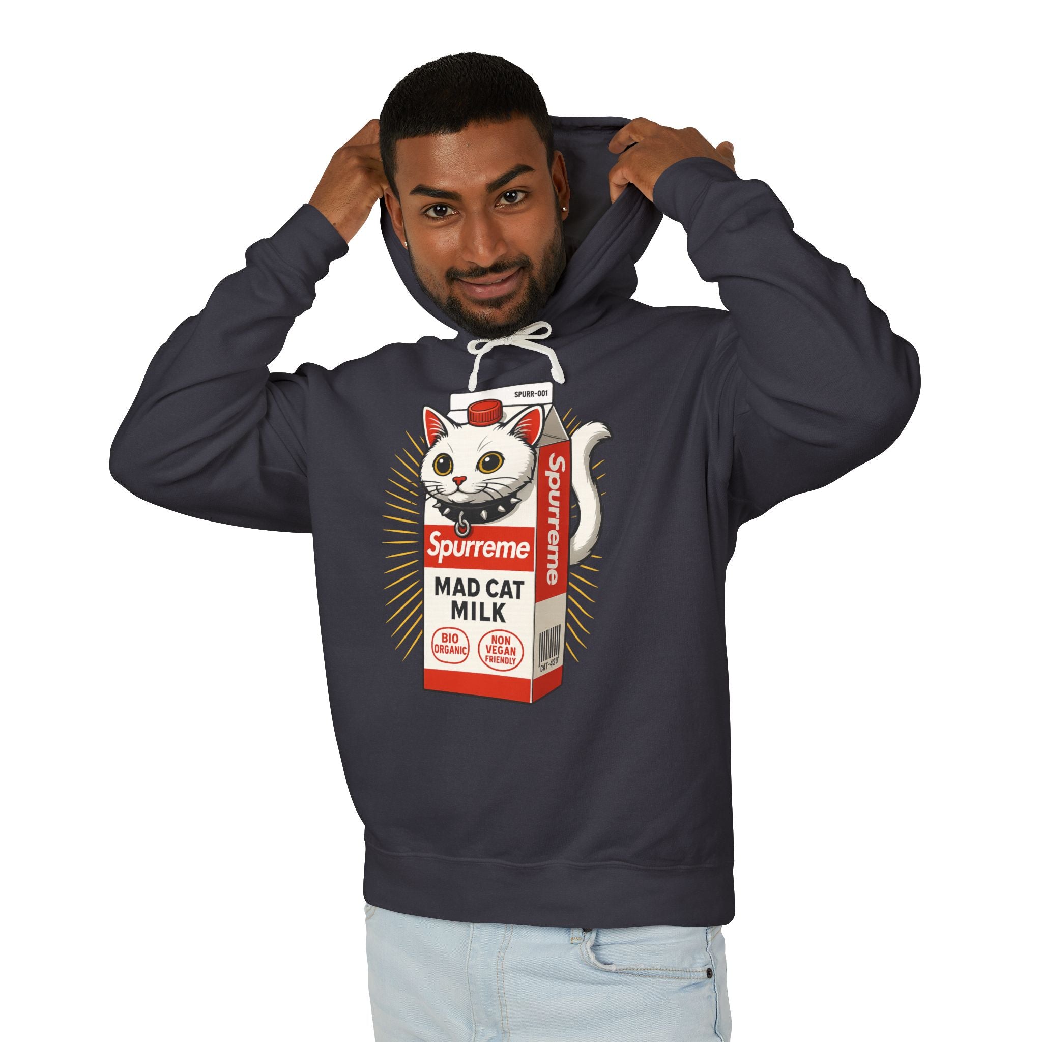 Spurreme Mad Cat Organic Milk Hoodie in black, worn by a male model
