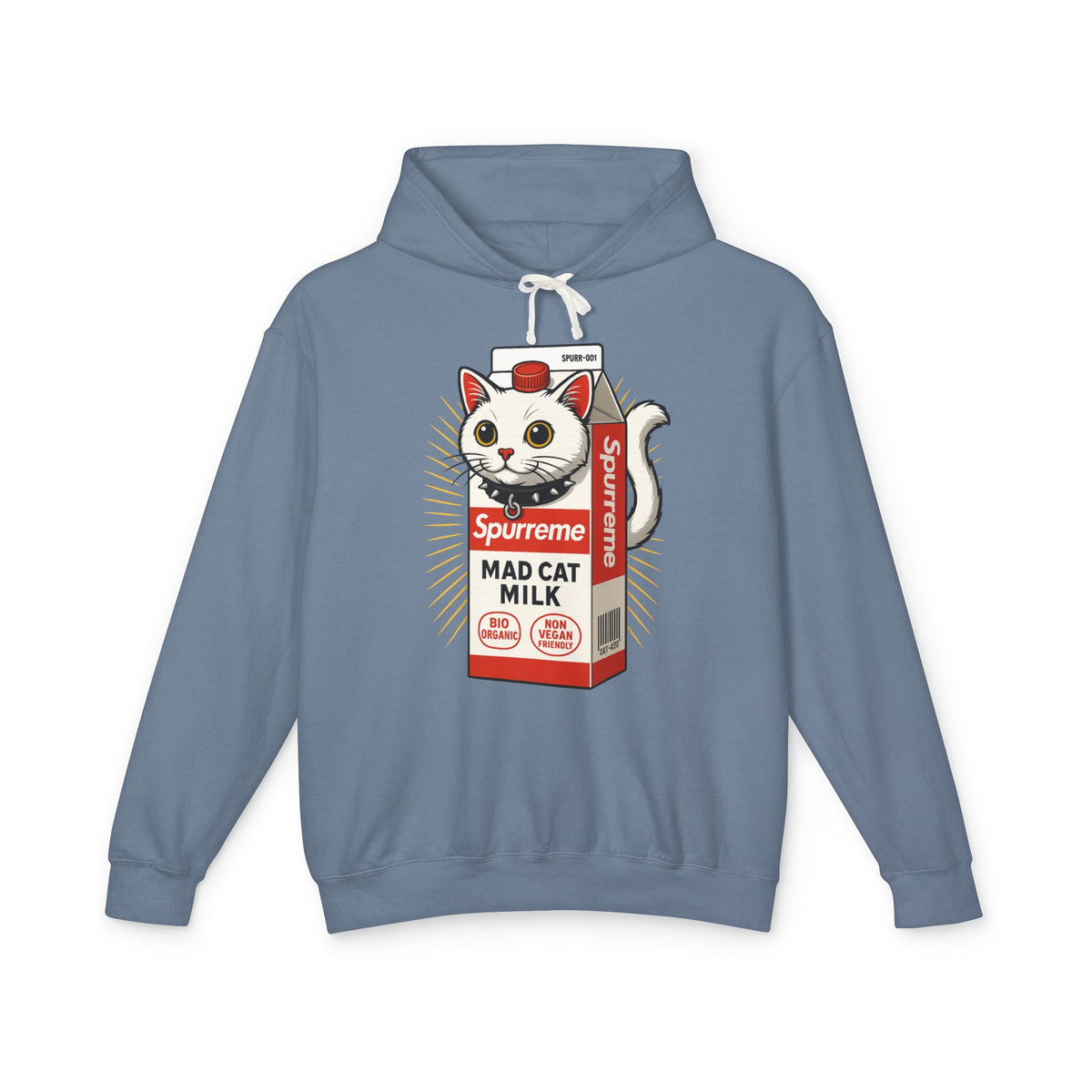 Spurreme Mad Cat Organic Milk Hoodie in blue jean, front view