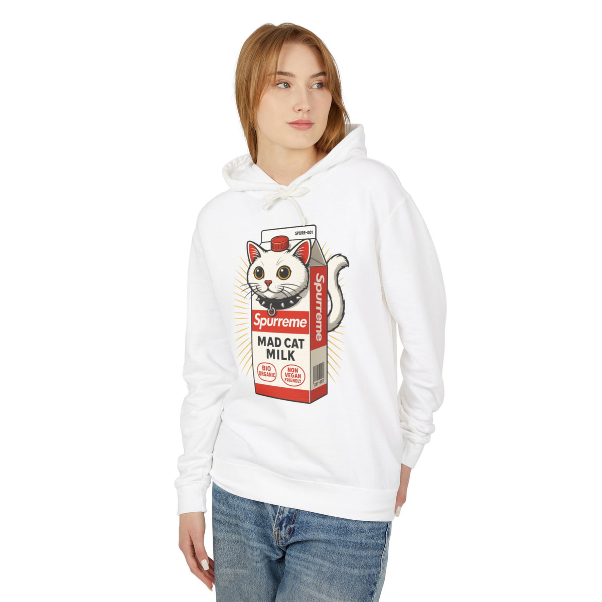 Spurreme Mad Cat Organic Milk Hoodie in white, worn by a female model