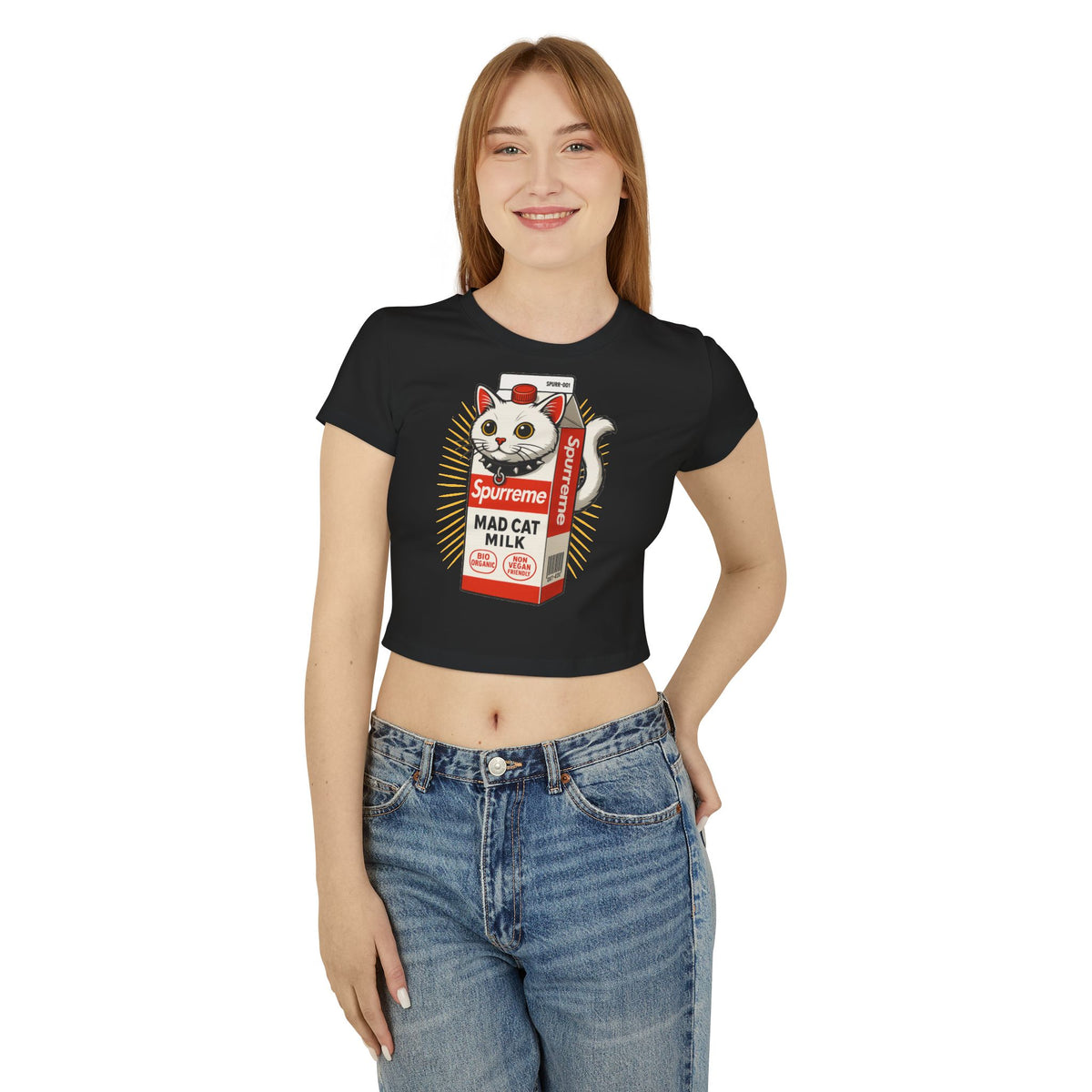 Spurreme Mad Cat Organic Milk Women's Funny Baby Tee in black, worn by a female model