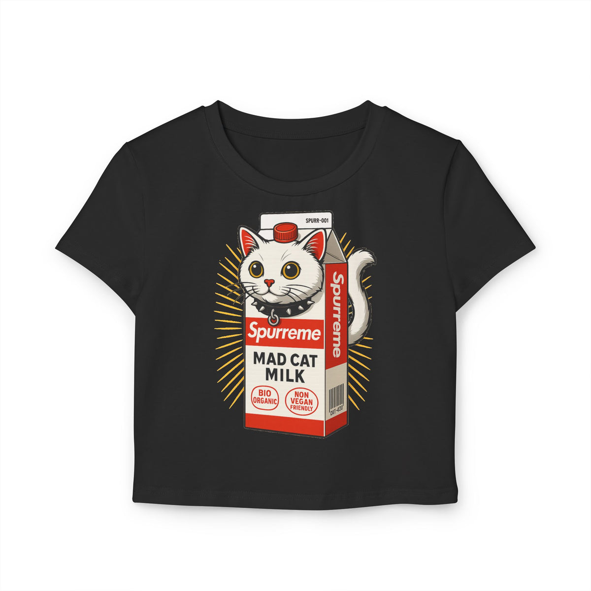 Spurreme Mad Cat Organic Milk Women's Funny Baby Tee in black, front view
