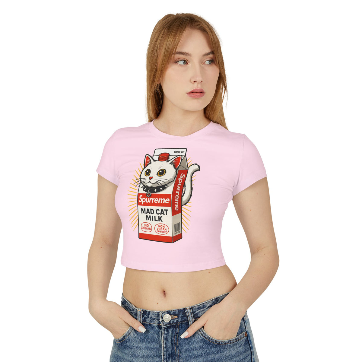 Spurreme Mad Cat Organic Milk Women's Funny Baby Tee in light pink, worn by a female model