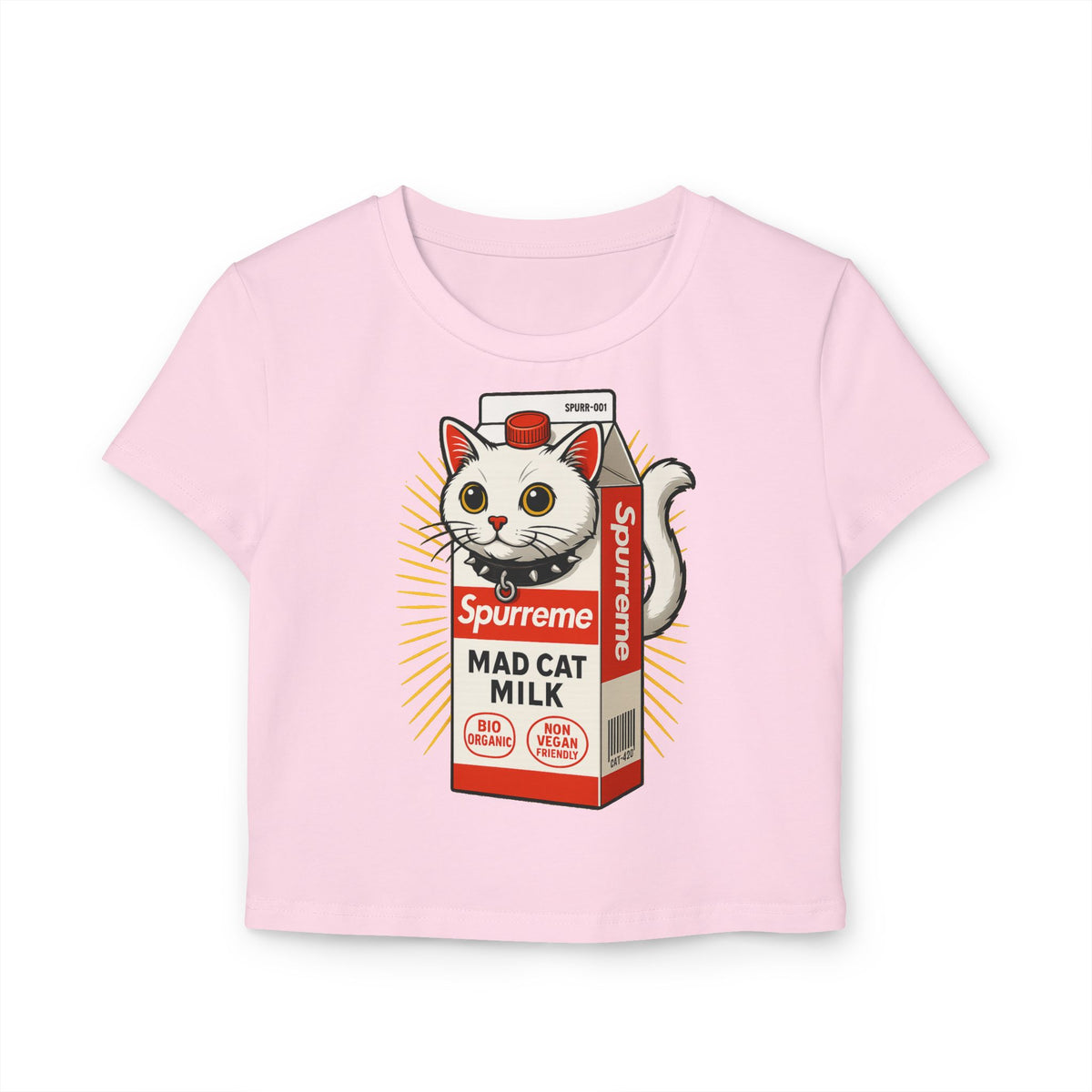 Spurreme Mad Cat Organic Milk Women's Funny Baby Tee in light pink, front view