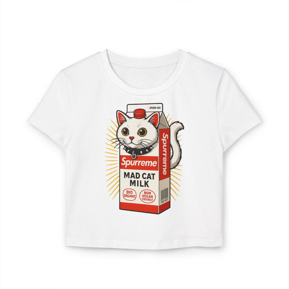 Spurreme Mad Cat Organic Milk Women's Funny Baby Tee in white, front view
