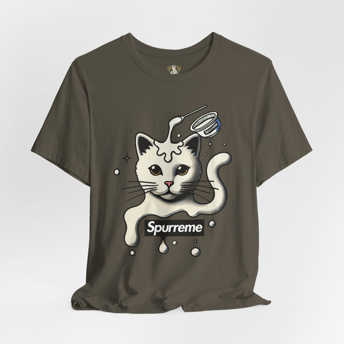 Spurreme Milky Mischief Cat Graphic T-Shirt in army, flat lay