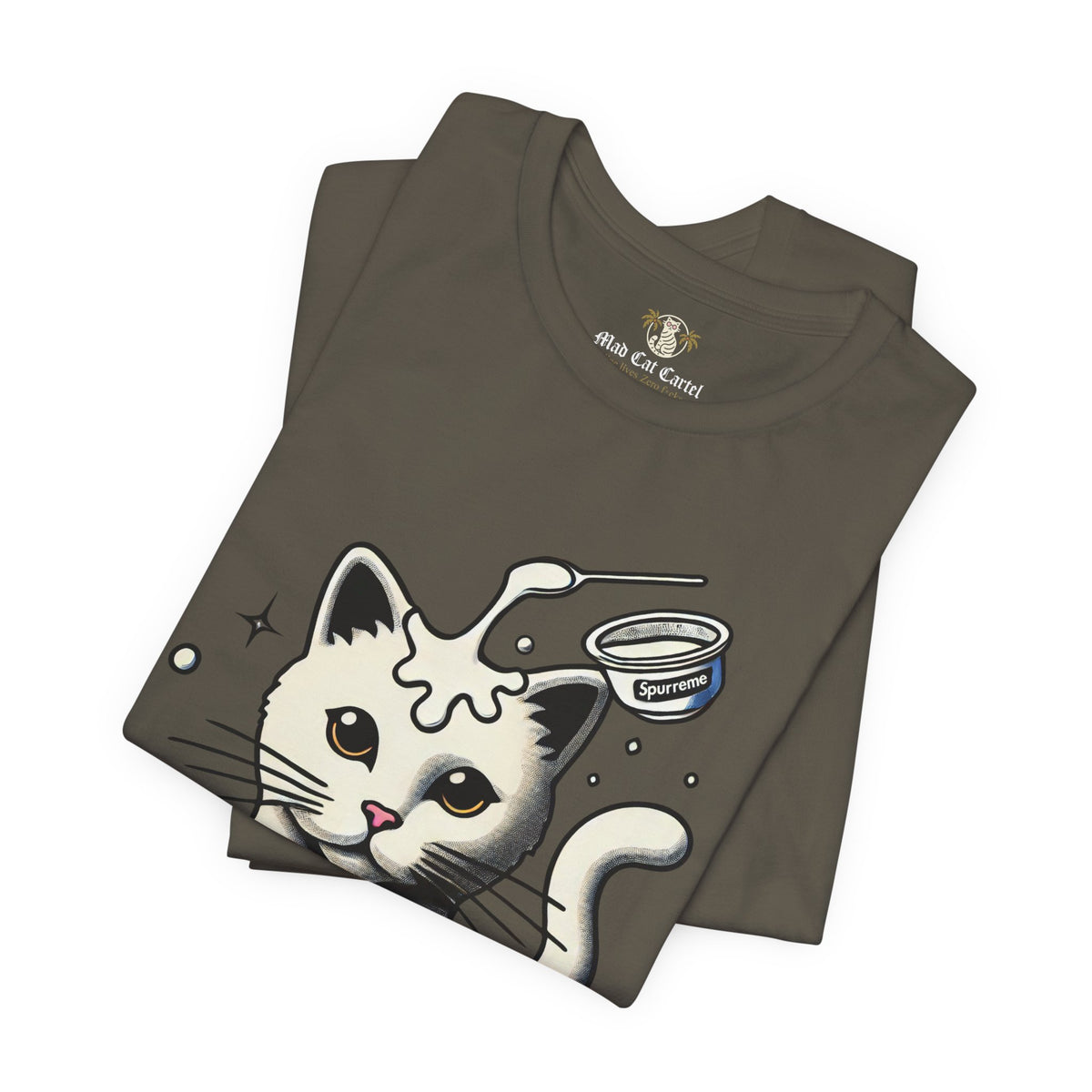 Spurreme Milky Mischief Cat Graphic T-Shirt in army, folded