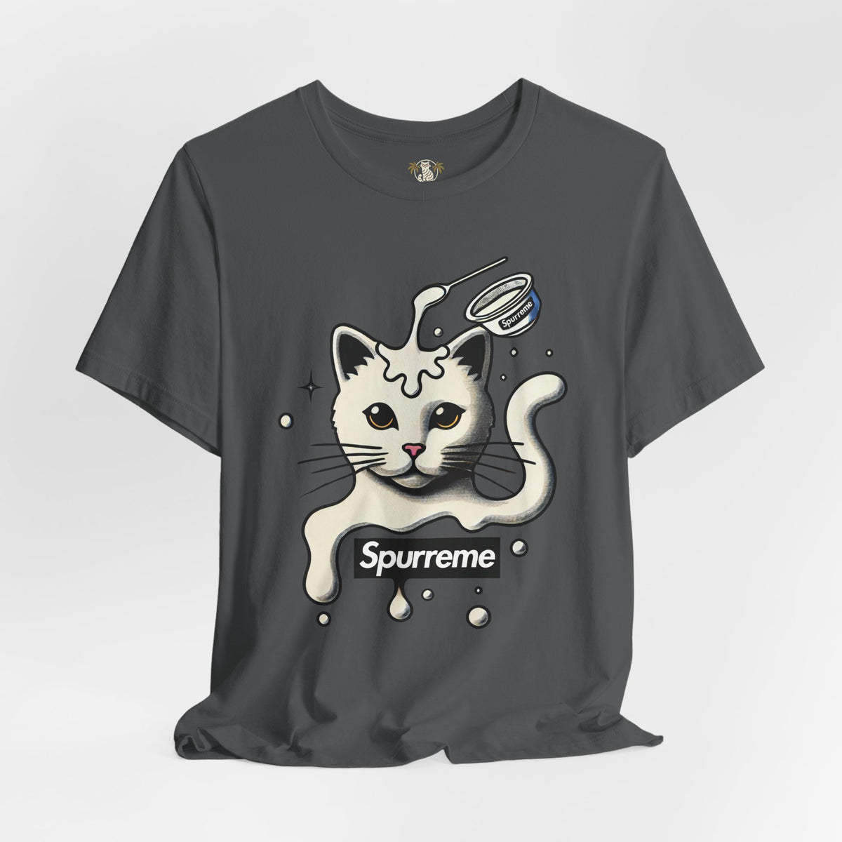 Spurreme Milky Mischief Cat Graphic T-Shirt in asphalt, flat lay