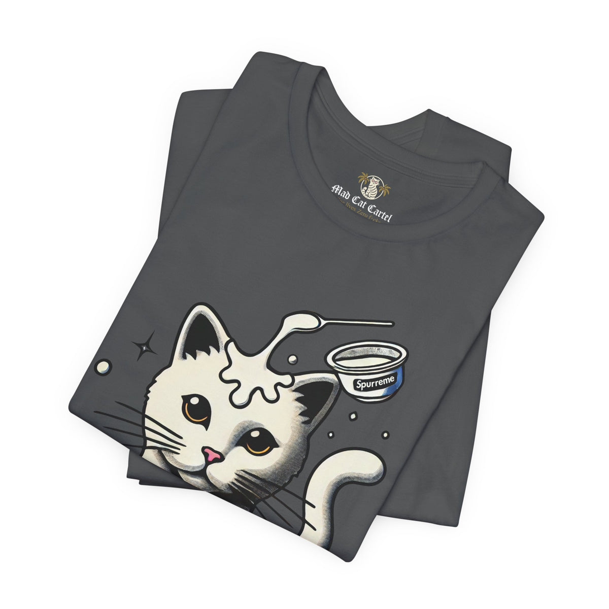 Spurreme Milky Mischief Cat Graphic T-Shirt in asphalt, folded