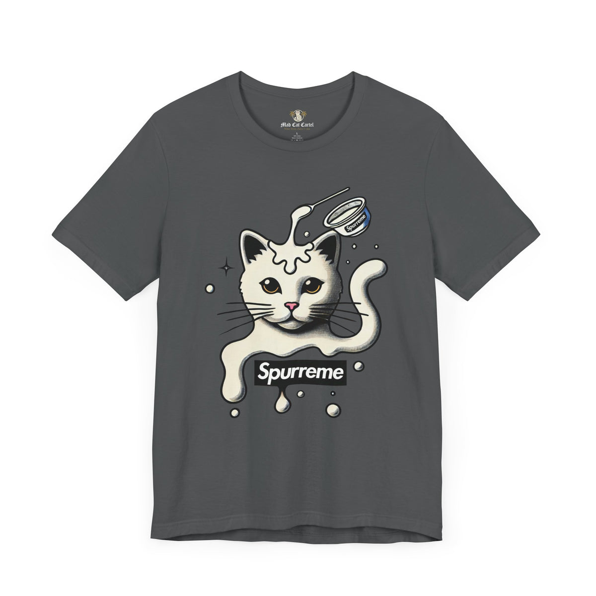 Spurreme Milky Mischief Cat Graphic T-Shirt in asphalt, front view