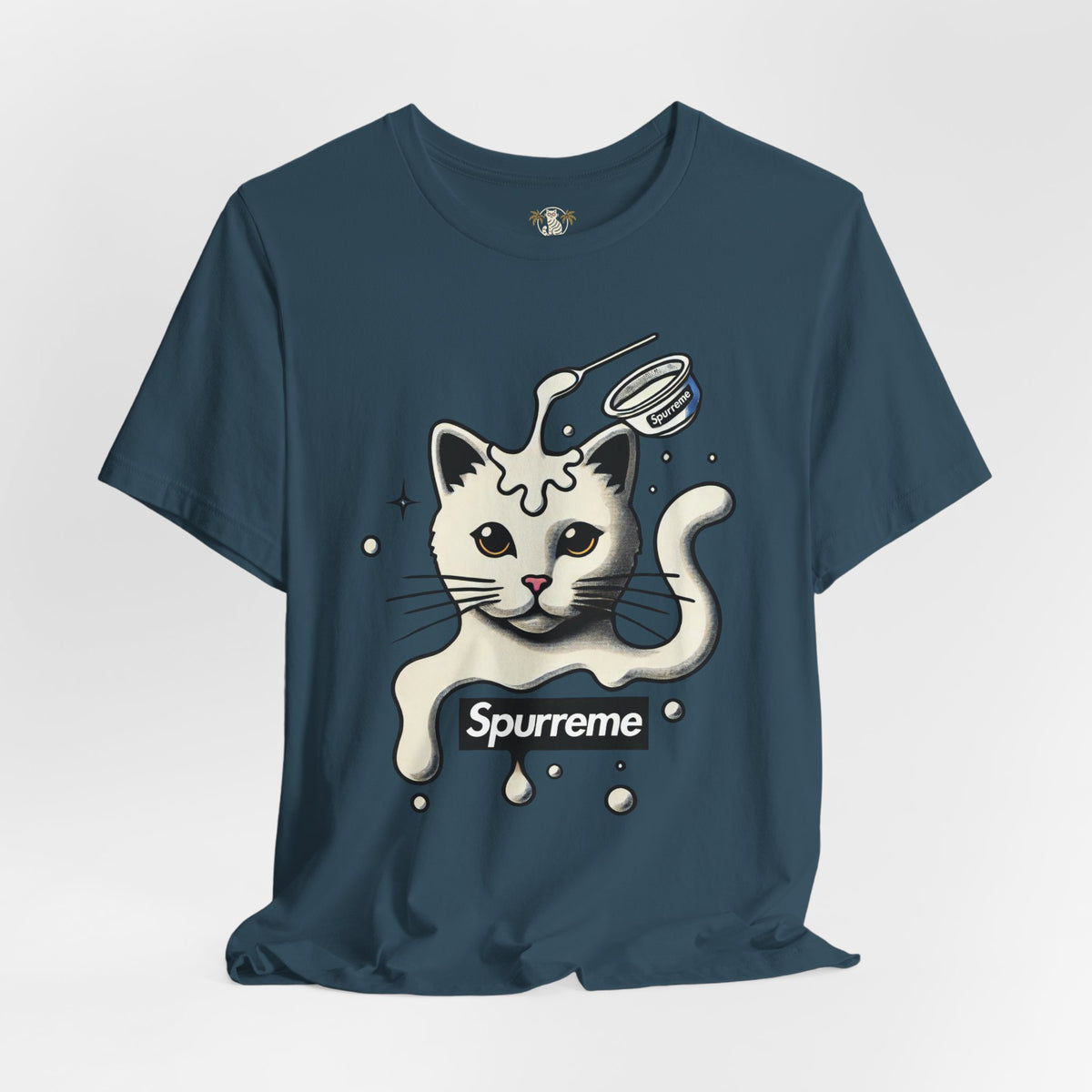 Spurreme Milky Mischief Cat Graphic T-Shirt in deep teal, flat lay