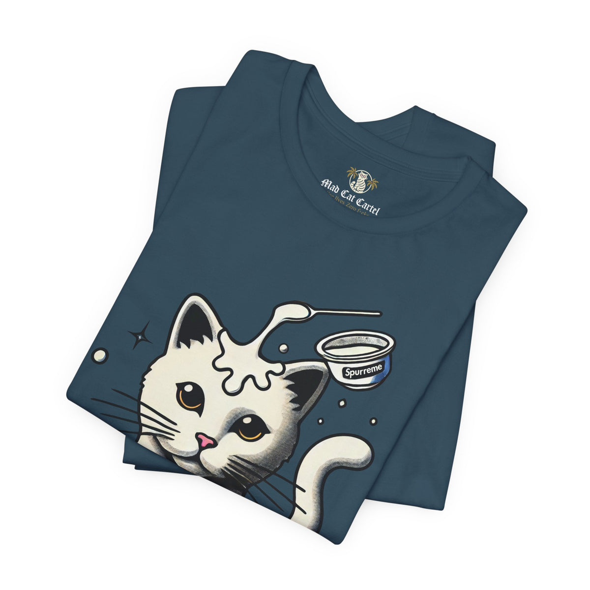 Spurreme Milky Mischief Cat Graphic T-Shirt in deep teal, folded
