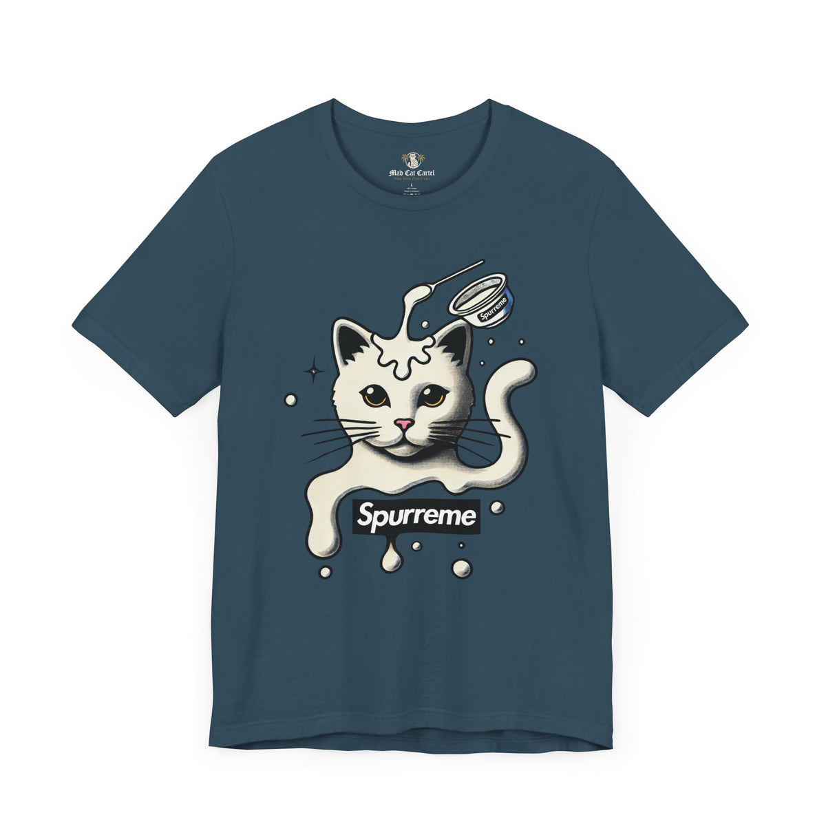 Spurreme Milky Mischief Cat Graphic T-Shirt in deep teal, front view