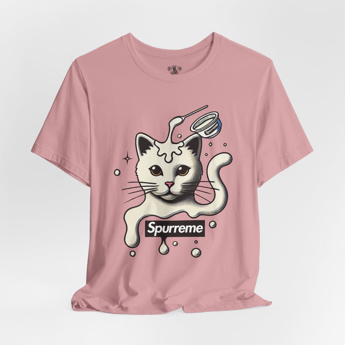 Spurreme Milky Mischief Cat Graphic T-Shirt in orchid, flat lay