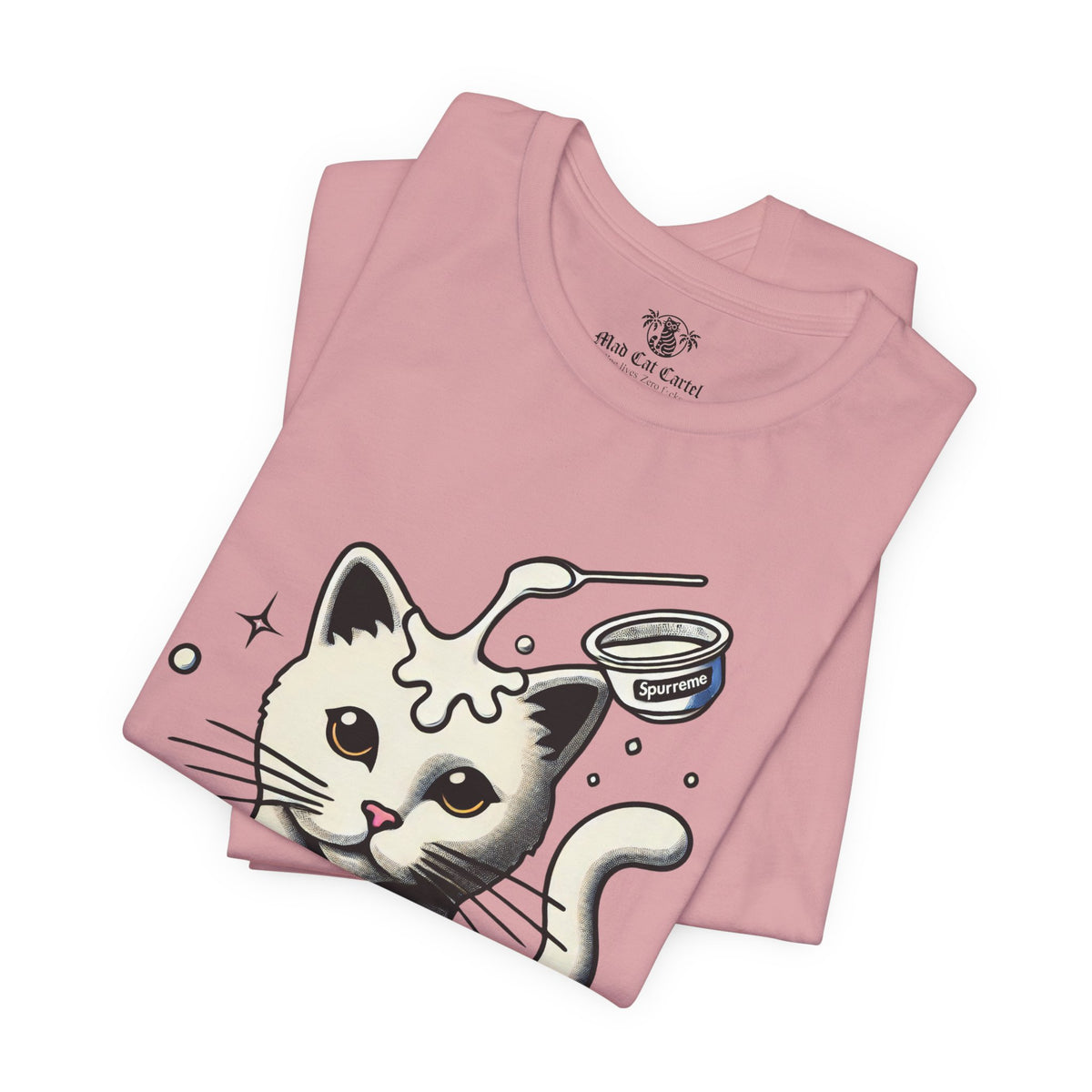 Spurreme Milky Mischief Cat Graphic T-Shirt in orchid, folded