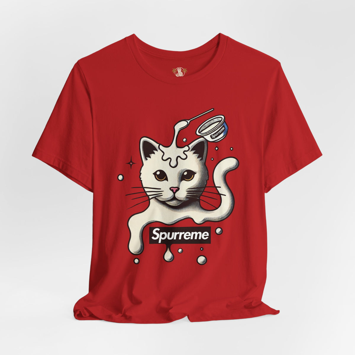 Spurreme Milky Mischief Cat Graphic T-Shirt in red, flat lay