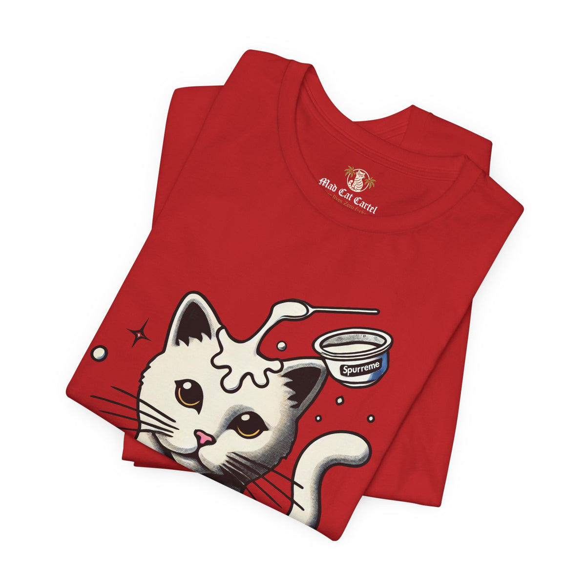 Spurreme Milky Mischief Cat Graphic T-Shirt in red, folded