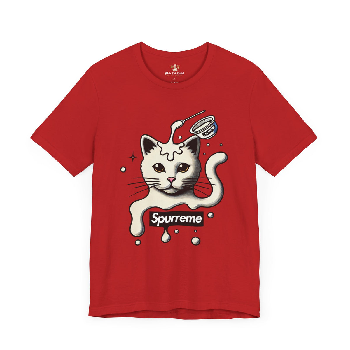 Spurreme Milky Mischief Cat Graphic T-Shirt in red, front view