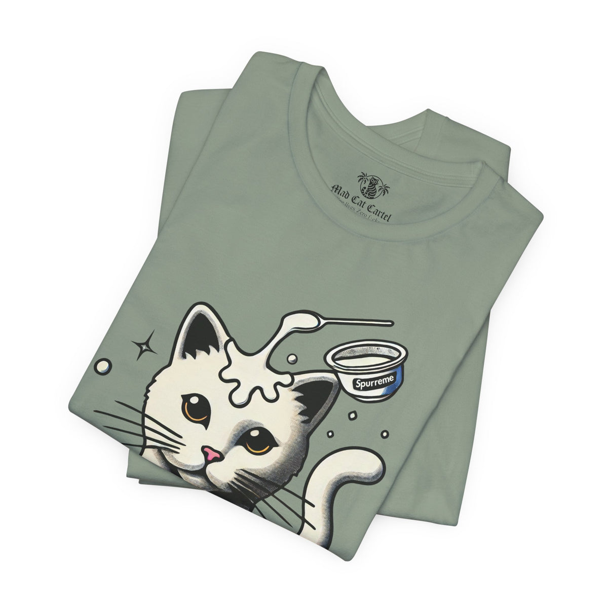 Spurreme Milky Mischief Cat Graphic T-Shirt in sage, folded
