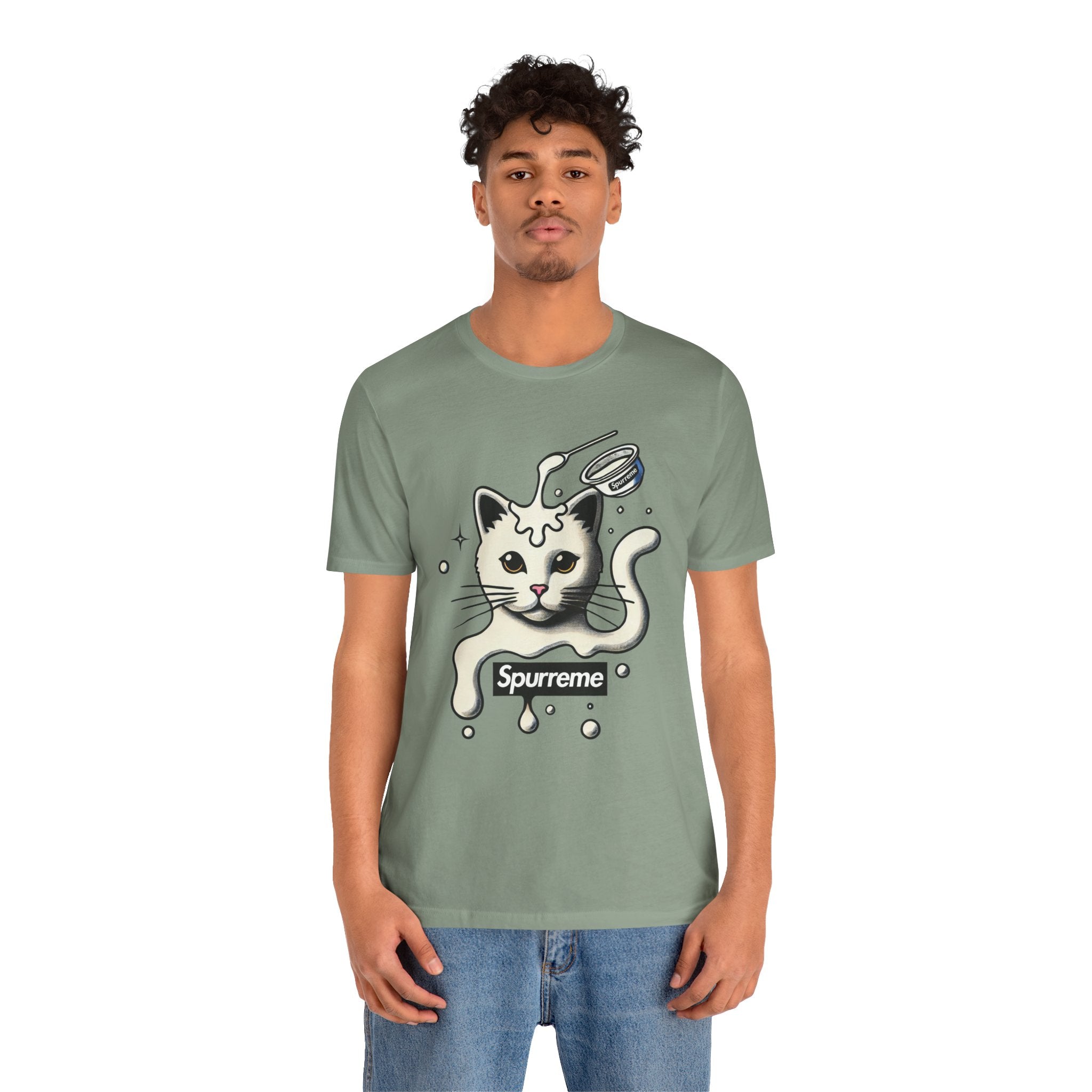 Spurreme Milky Mischief Cat Graphic T-Shirt in sage, worn by a male model