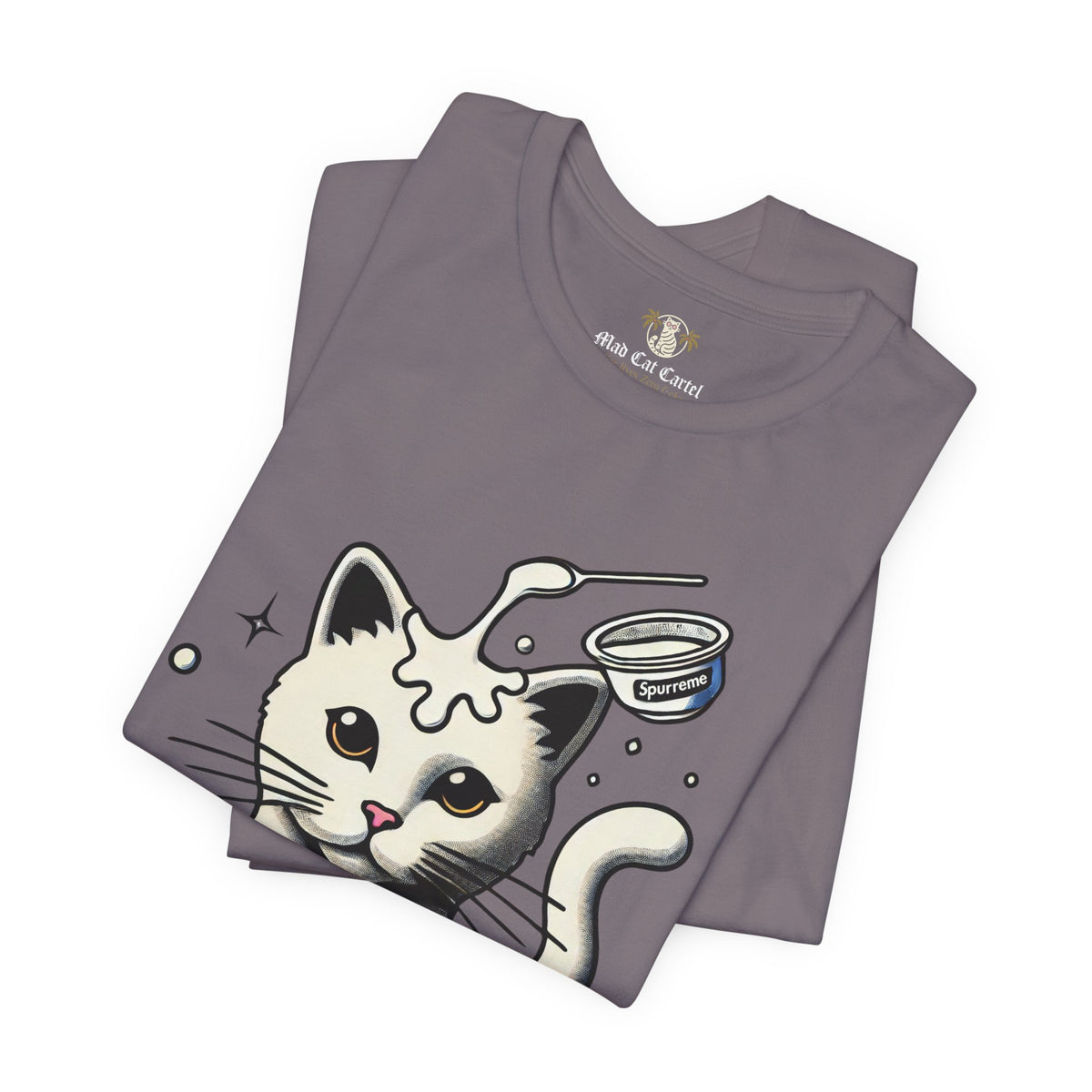 Spurreme Milky Mischief Cat Graphic T-Shirt in storm, folded