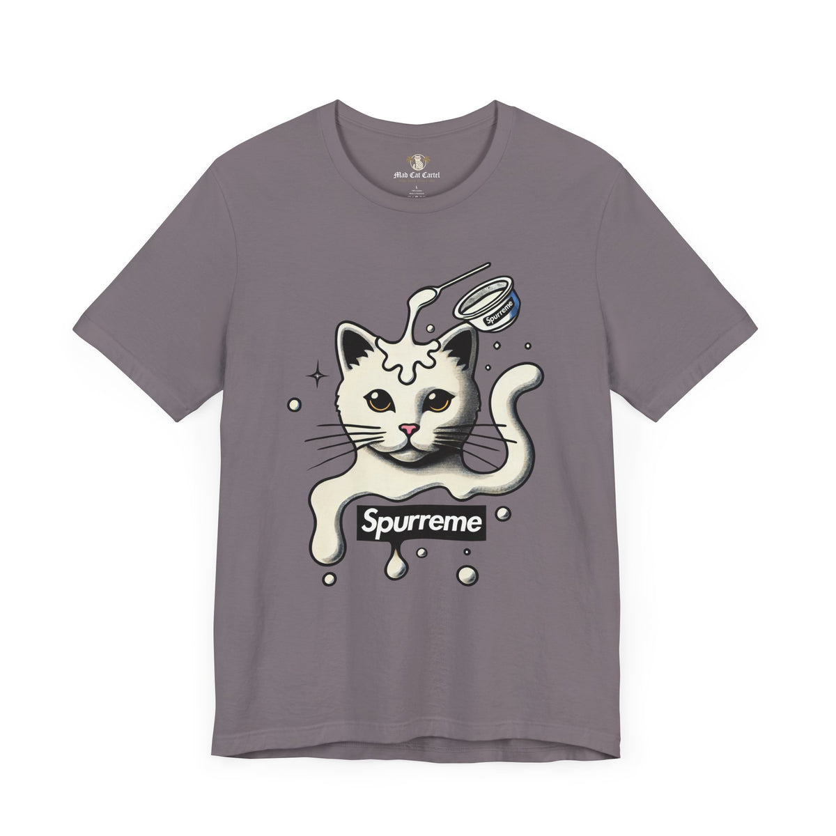 Spurreme Milky Mischief Cat Graphic T-Shirt in storm, front view