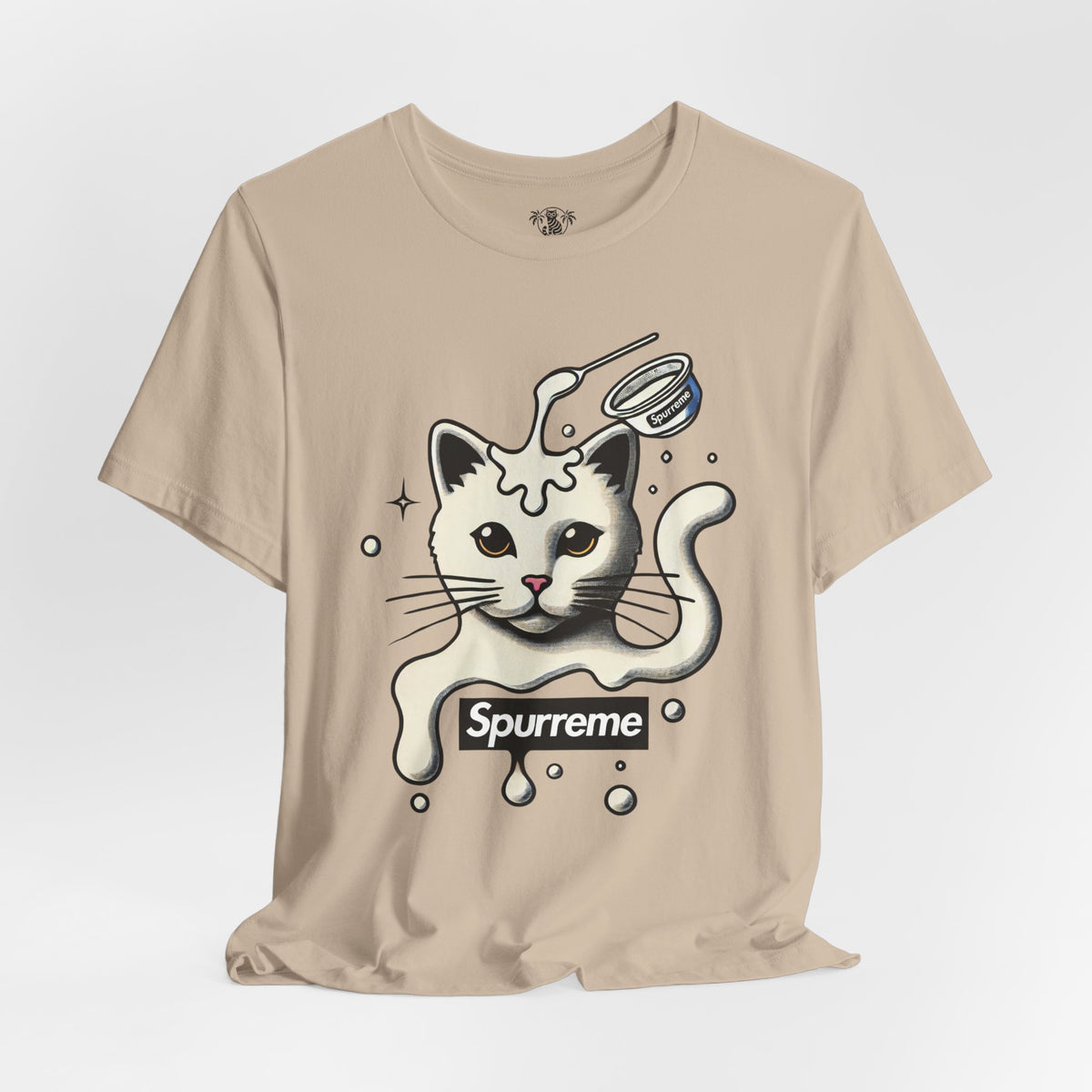 Spurreme Milky Mischief Cat Graphic T-Shirt in tan, flat lay