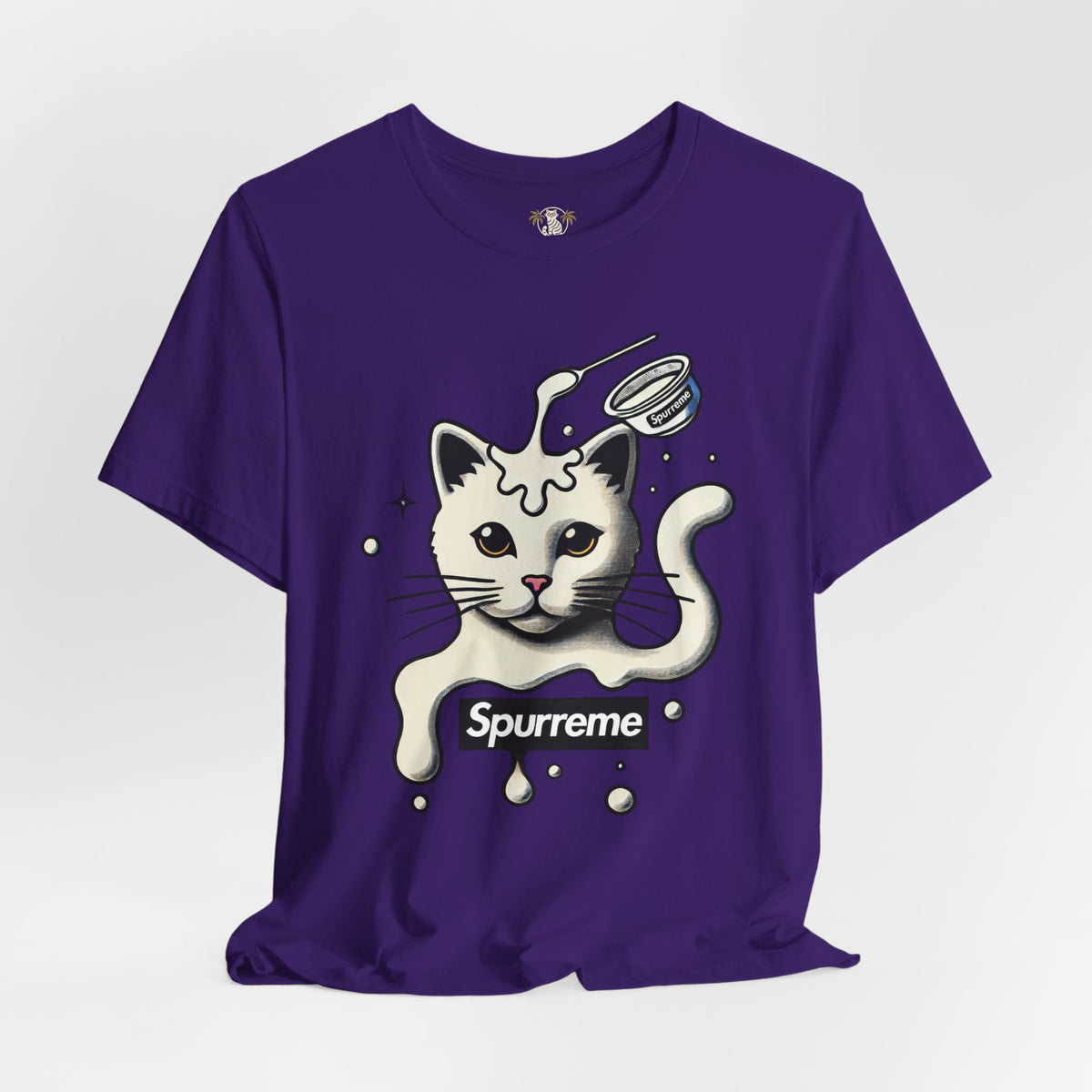 Spurreme Milky Mischief Cat Graphic T-Shirt in team purple, flat lay