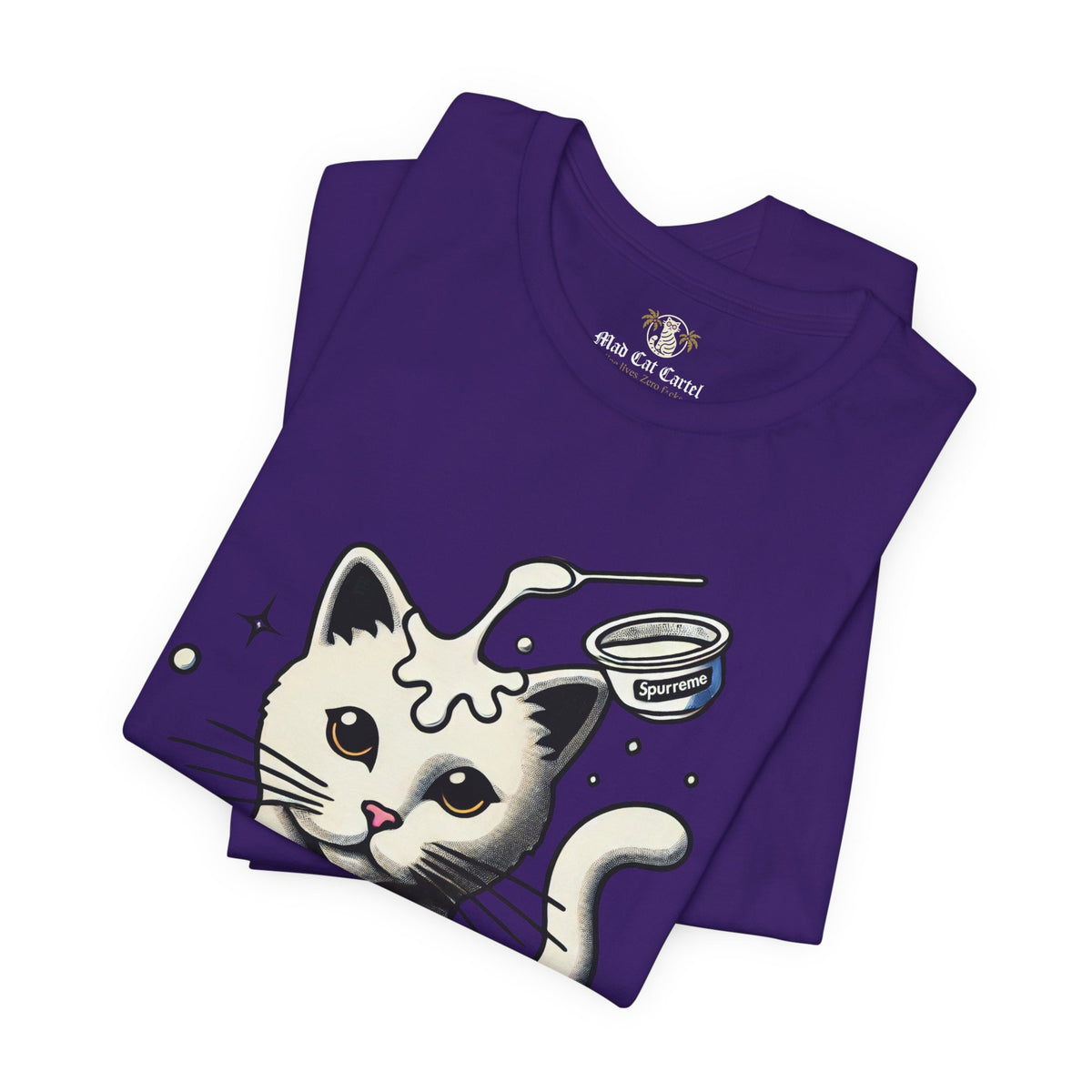 Spurreme Milky Mischief Cat Graphic T-Shirt in team purple, folded