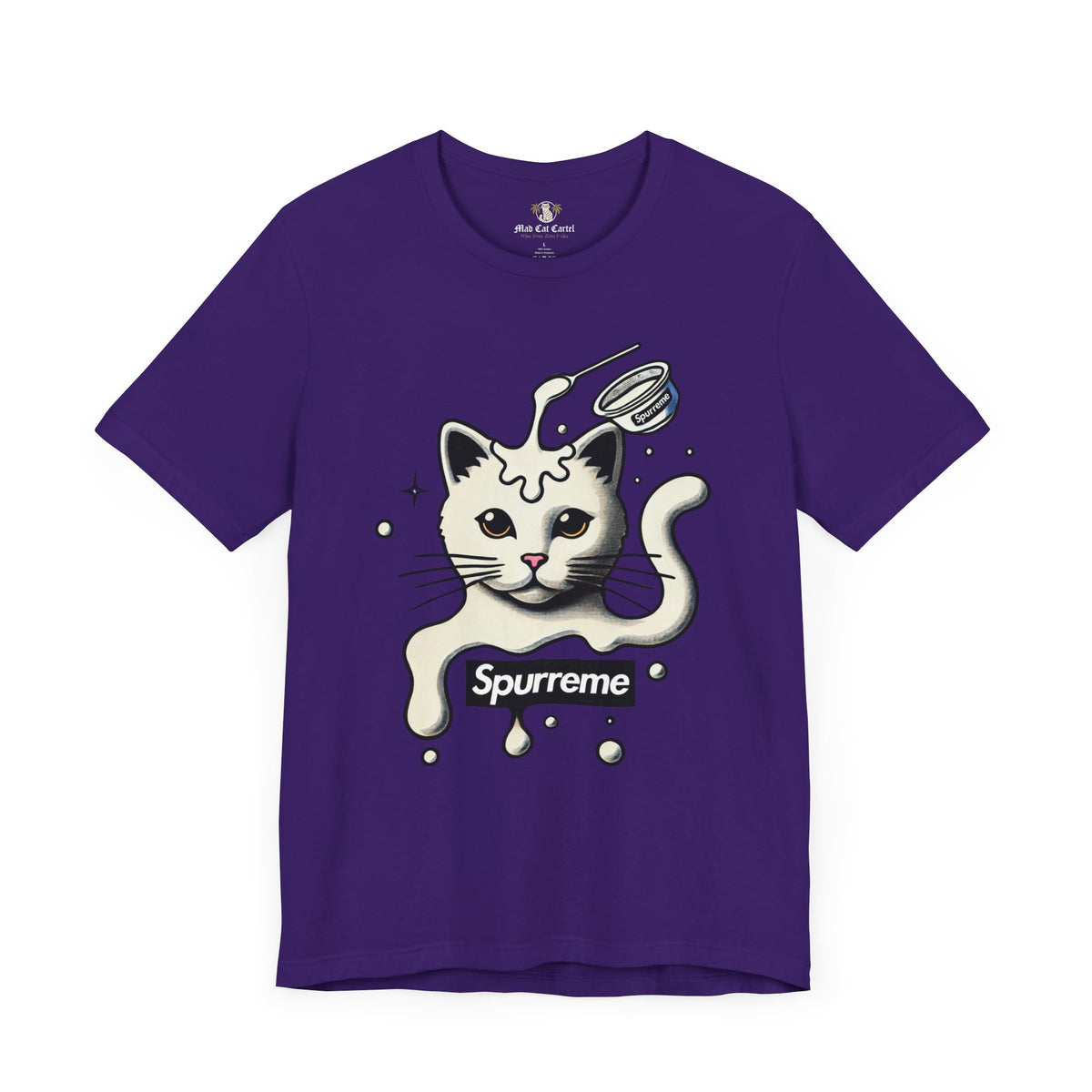 Spurreme Milky Mischief Cat Graphic T-Shirt in team purple, front view