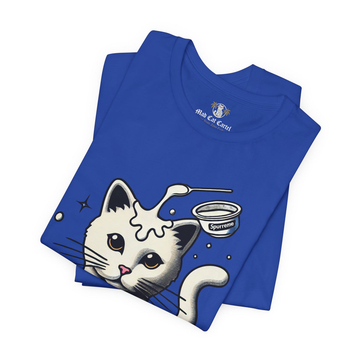 Spurreme Milky Mischief Cat Graphic T-Shirt in true royal, folded