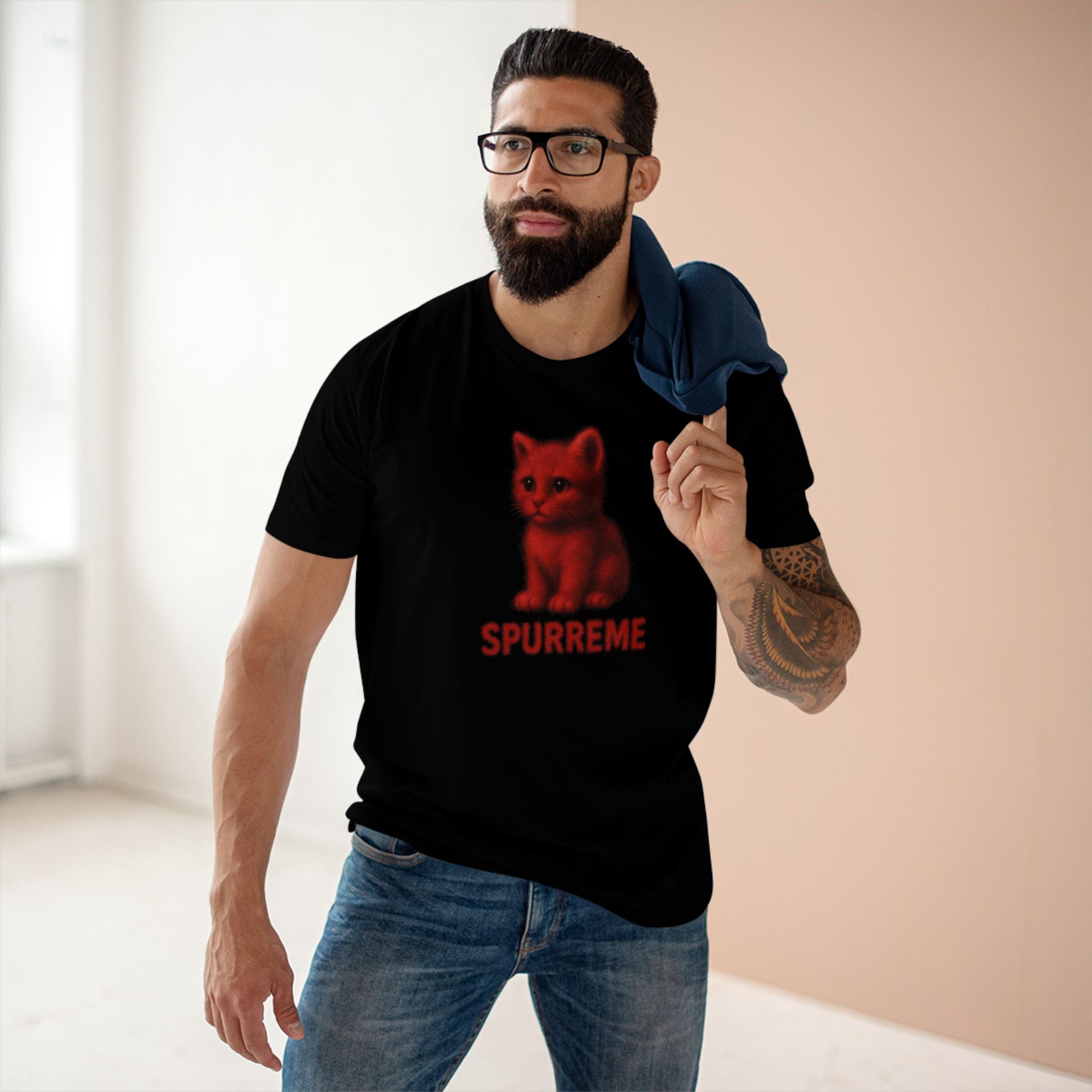 Spurreme Red Aura Cat Graphic T-Shirt in black, worn by a male model