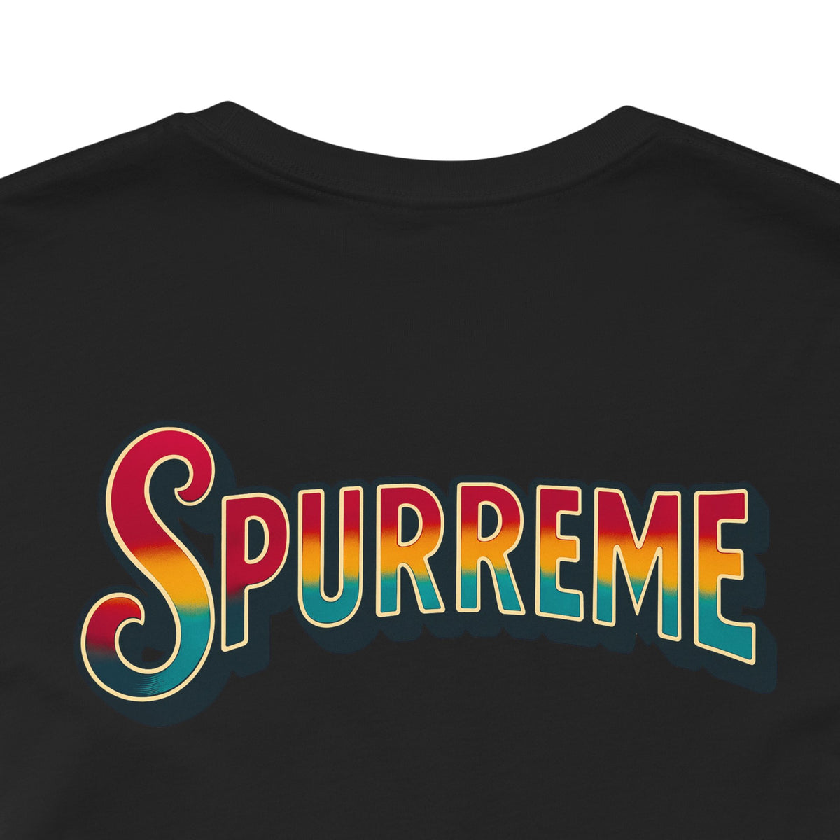 Spurreme Space Explorer Cat Graphic T-Shirt in black, close-up of the back print