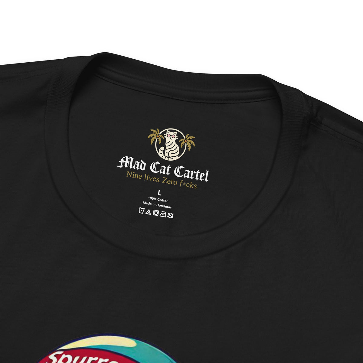 Spurreme Space Explorer Cat Graphic T-Shirt in black, close-up detail
