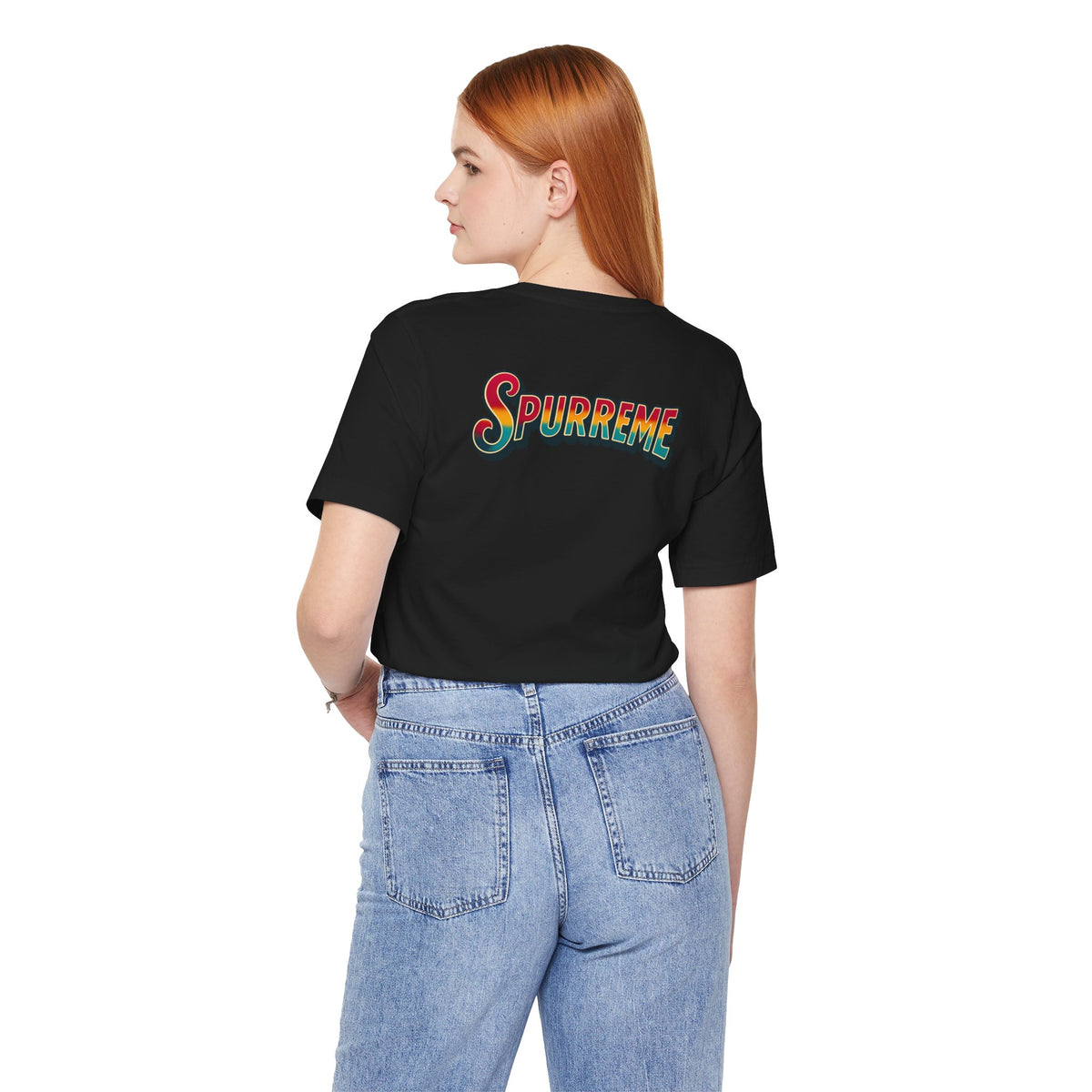 Spurreme Space Explorer Cat Graphic T-Shirt in black, back view on a female model