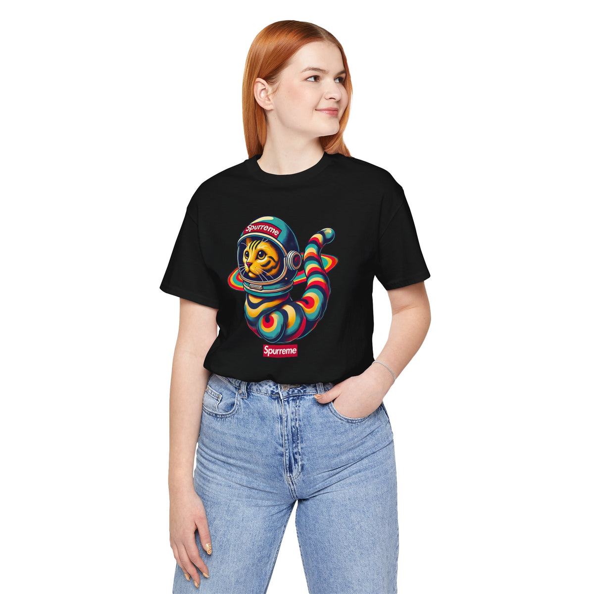 Spurreme Space Explorer Cat Graphic T-Shirt in black, worn by a female model