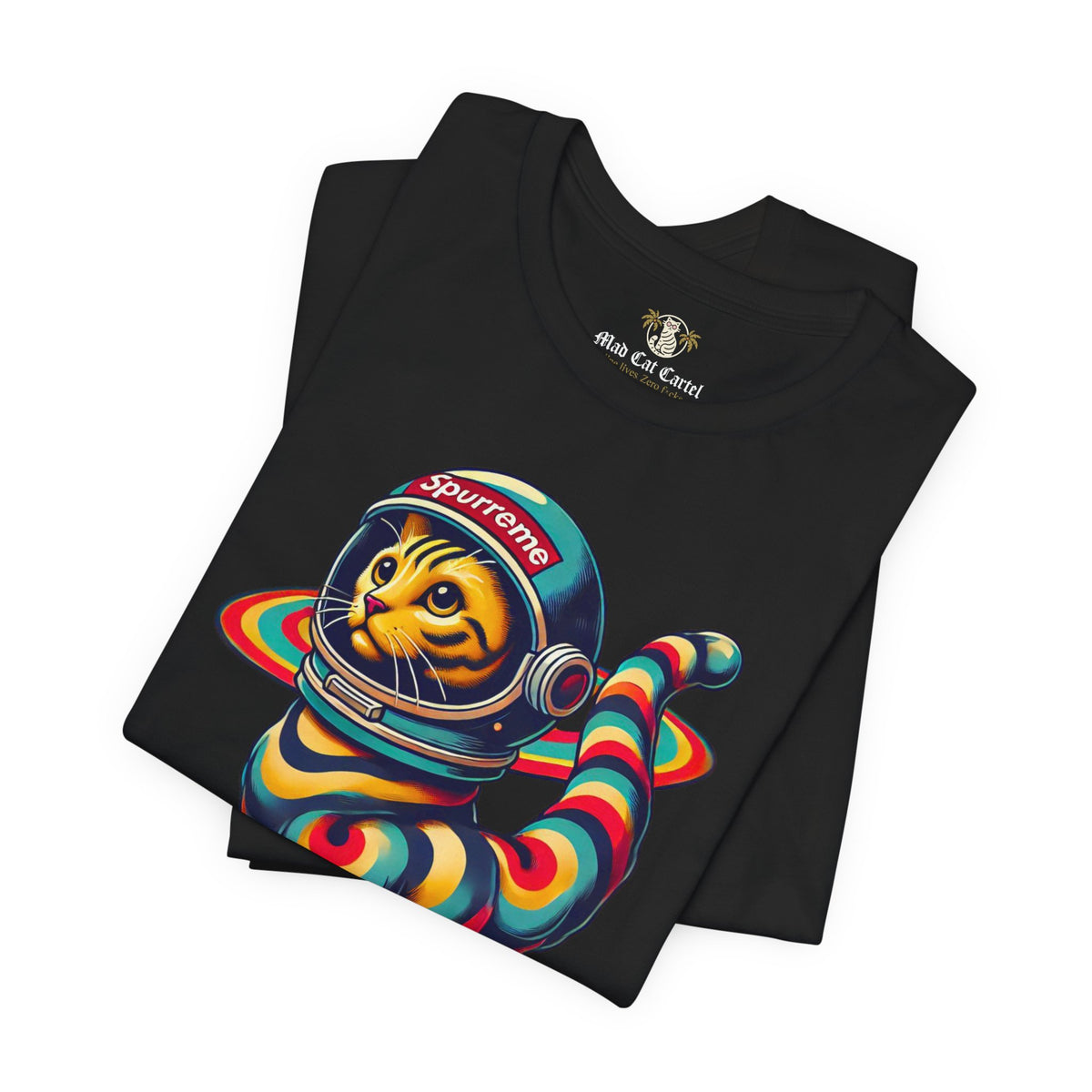 Spurreme Space Explorer Cat Graphic T-Shirt in black, folded